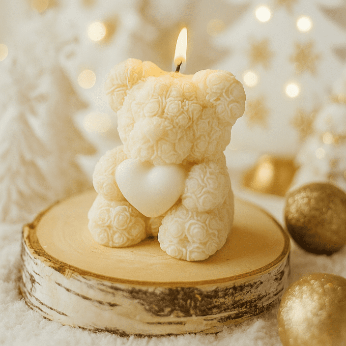 Bougie Ours en Roses avec Cœur Blanc – Cadeau plein de tendresse