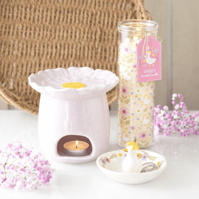 Bougie en tube à la vanille avec motif marguerite et canard