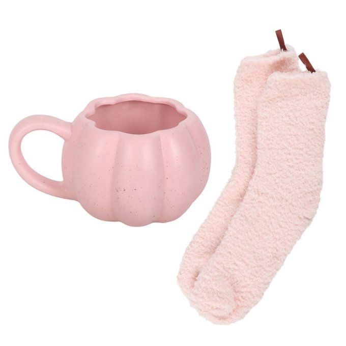 Ensemble tasse et chaussettes citrouille rose