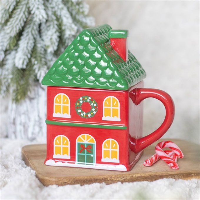 Tasse à couvercle « Maison de Noël rouge »