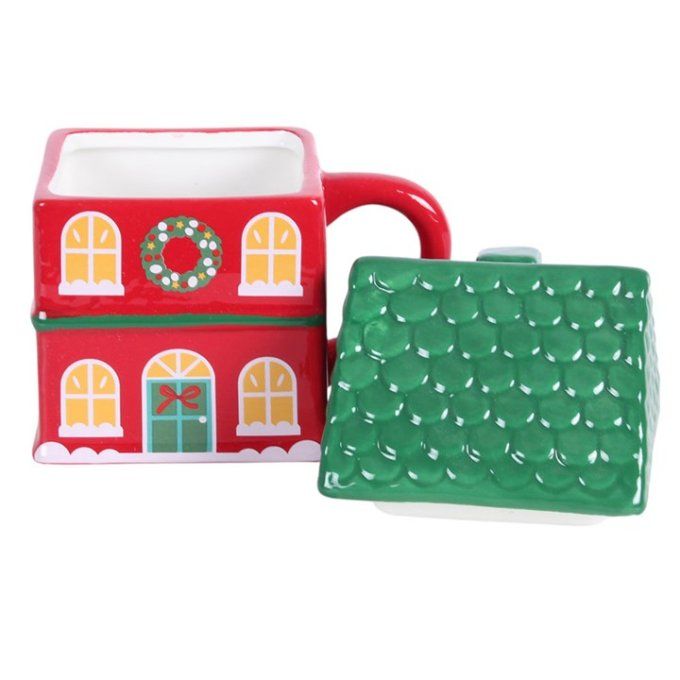 Tasse à couvercle « Maison de Noël rouge »