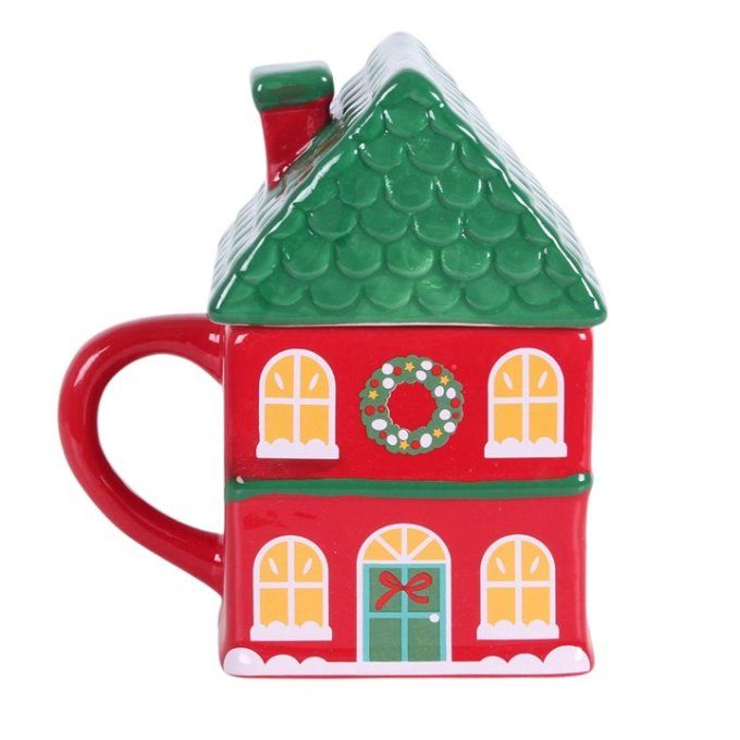 Tasse à couvercle « Maison de Noël rouge »