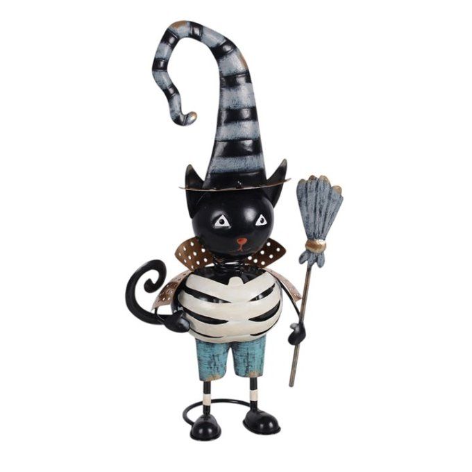 Décoration en métal représentant un chat noir coiffé d'un chapeau de sorcière