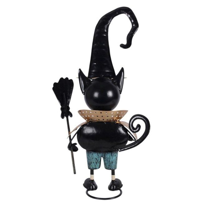 Décoration en métal représentant un chat noir coiffé d'un chapeau de sorcière