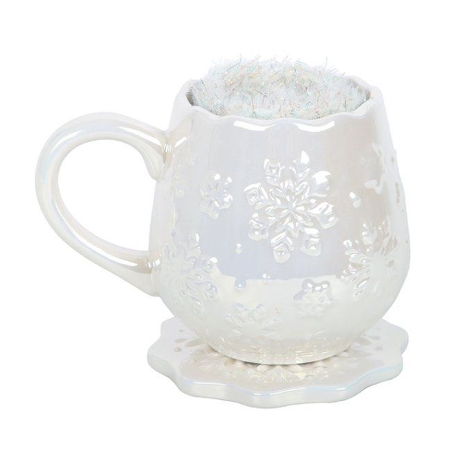 Ensemble tasse, sous-verre et chaussettes à motif flocon de neige irisé