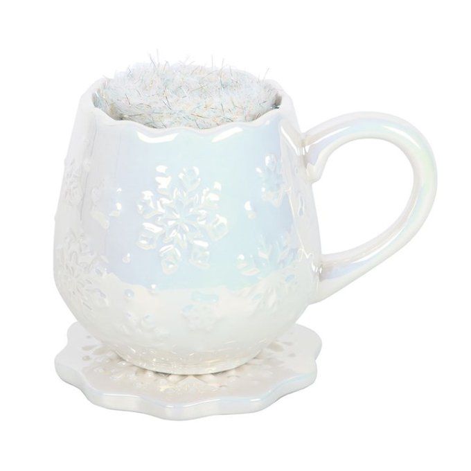 Ensemble tasse, sous-verre et chaussettes à motif flocon de neige irisé