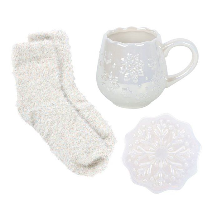 Ensemble tasse, sous-verre et chaussettes à motif flocon de neige irisé