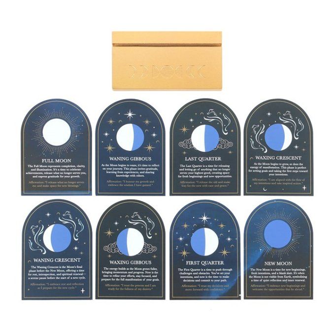 Lot de 8 cartes de phases lunaires avec support en bois