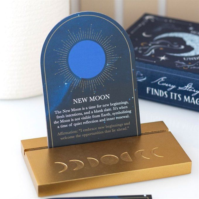 Lot de 8 cartes de phases lunaires avec support en bois
