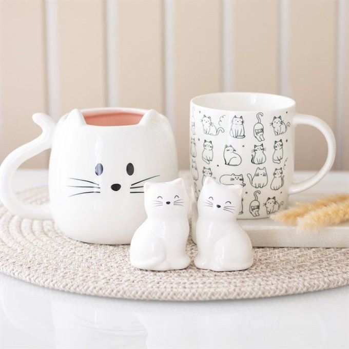 Salière et poivrière en forme de chat blanc