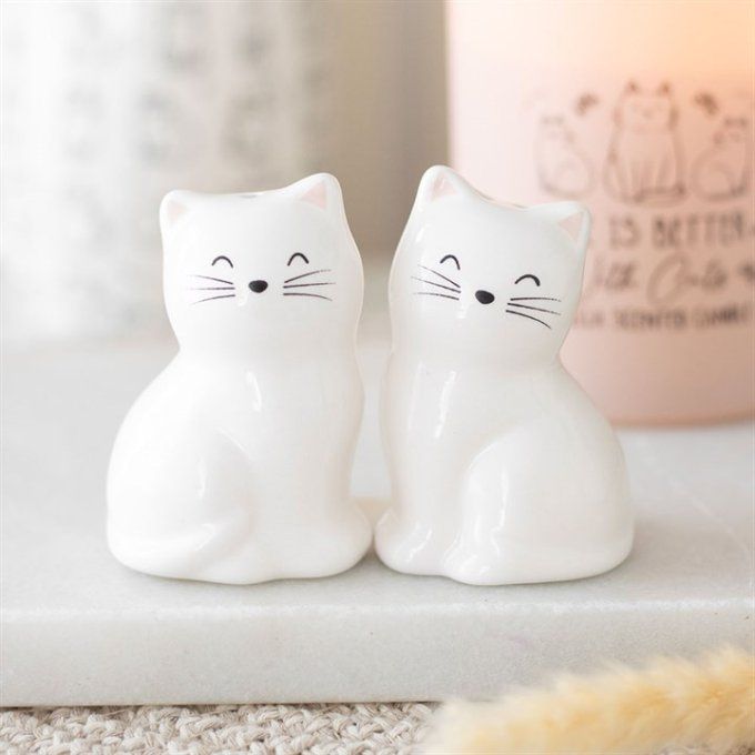 Salière et poivrière en forme de chat blanc