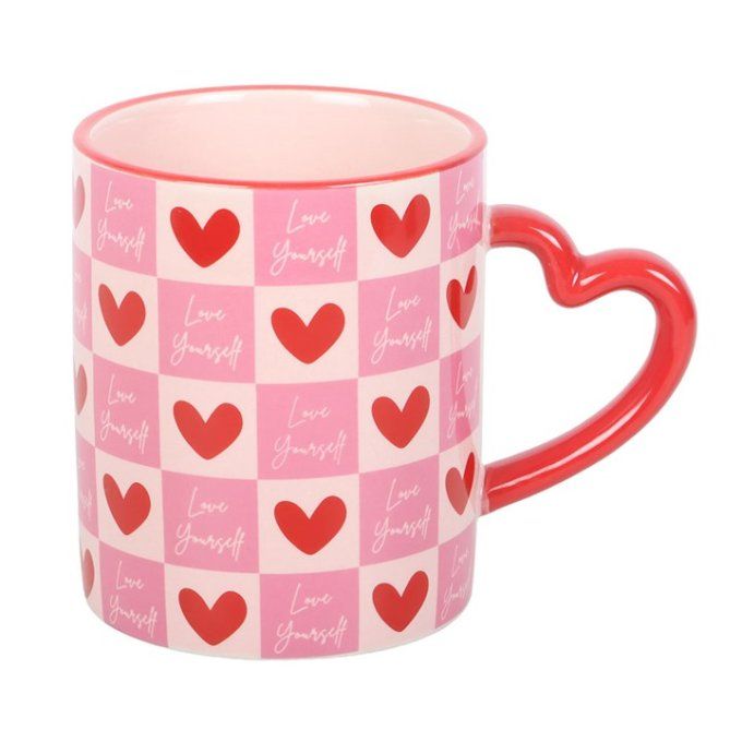 Mug à carreaux « Aime-toi » avec anse en forme de cœur