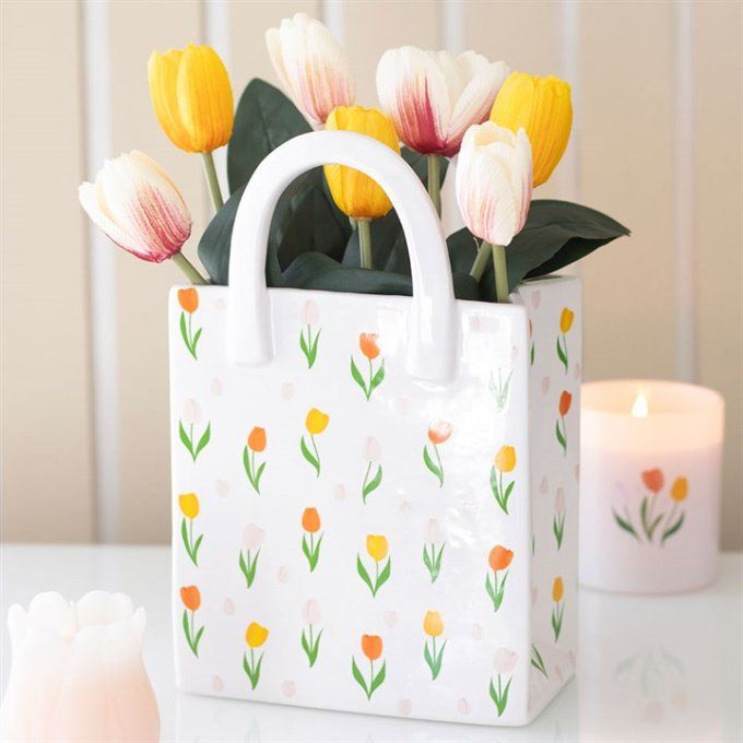 Vase à fleurs en céramique en forme de sac à motif tulipe
